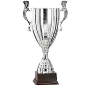 Stor silverfärgad pokal med handtag och träsockel