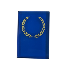 Blå glasplakett med krans